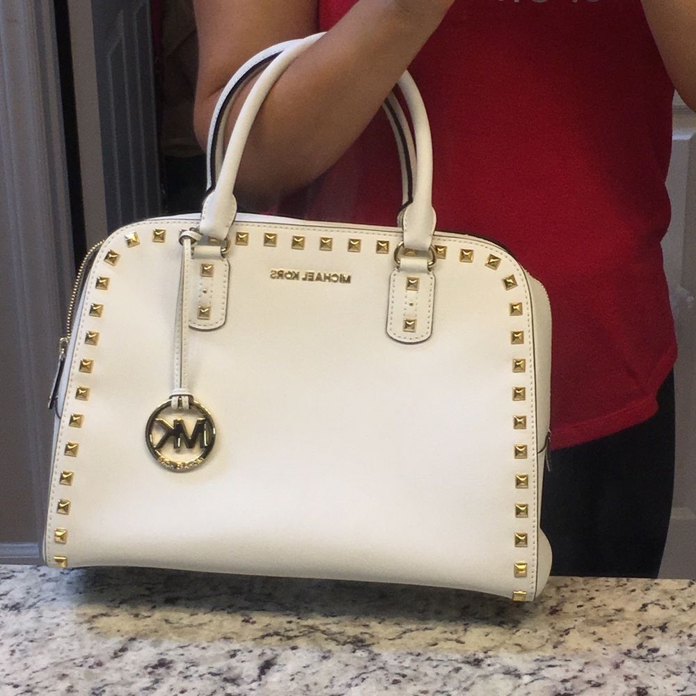 Genuine Michael Kors Large Satchel Handbag Crossbody Studded White - Picture 1 of 6